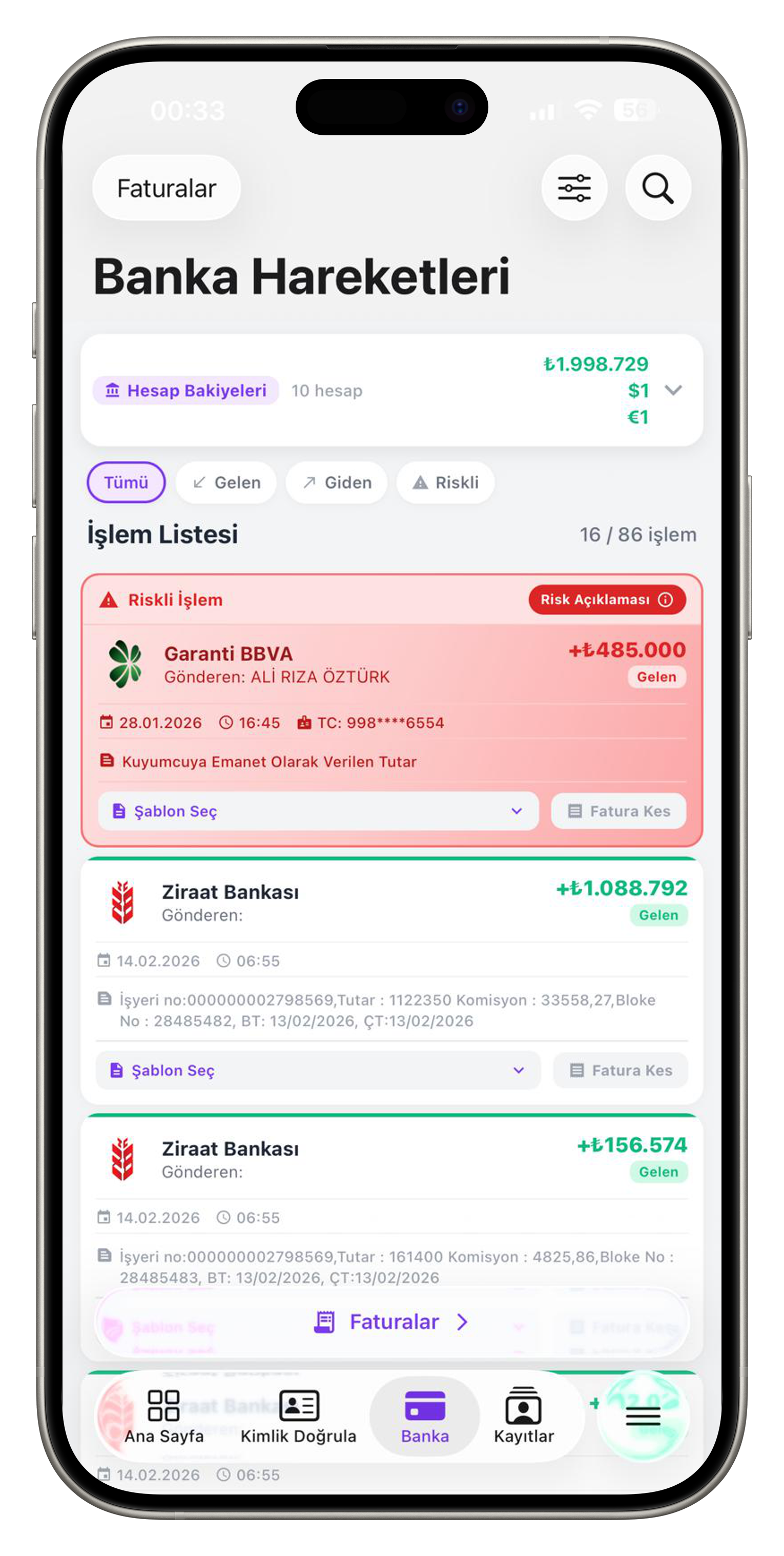 EksenGOLD bank transactions, risky transaction tracking