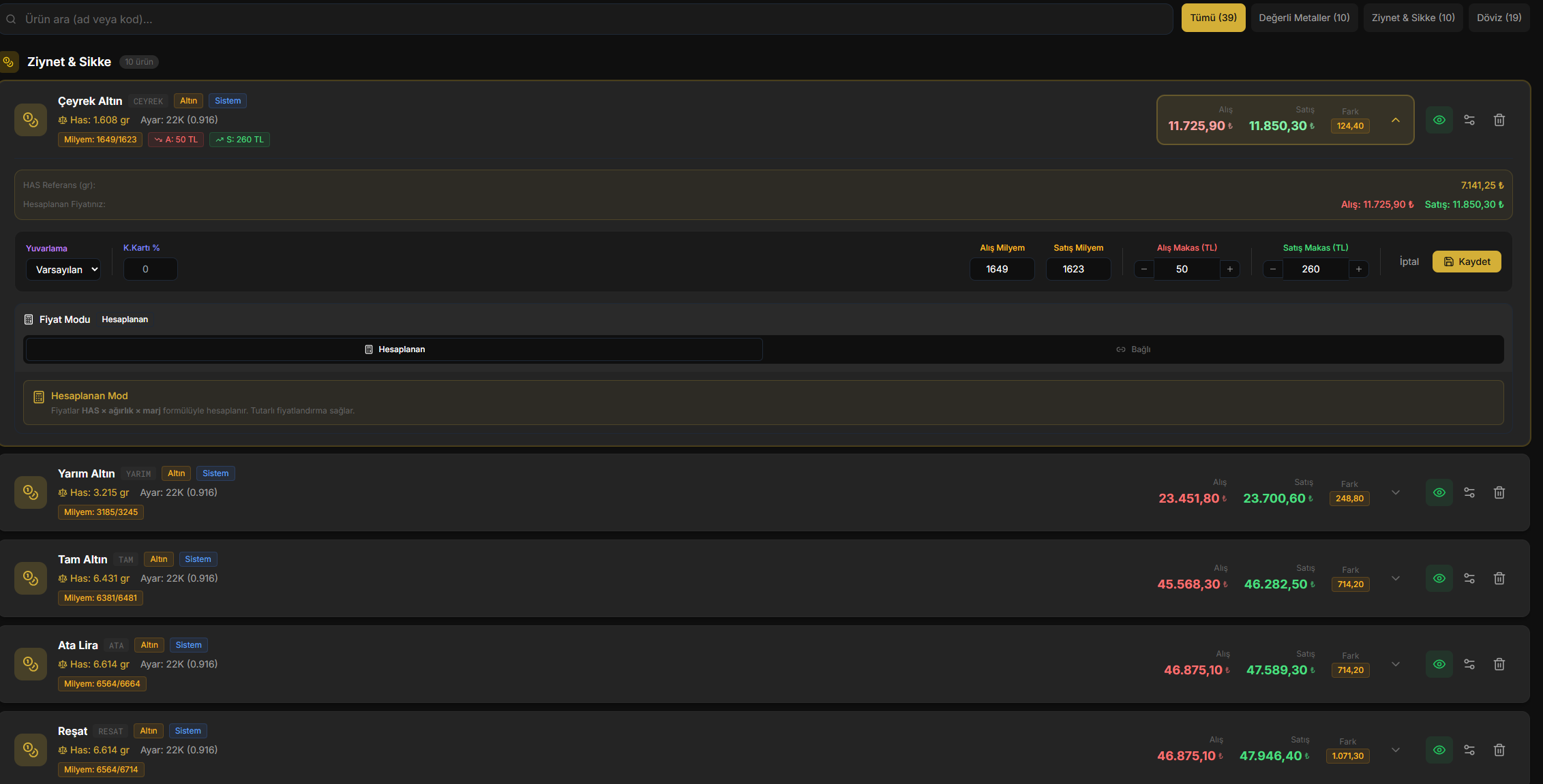 Milyem Bazlı Fiyat Hesaplama