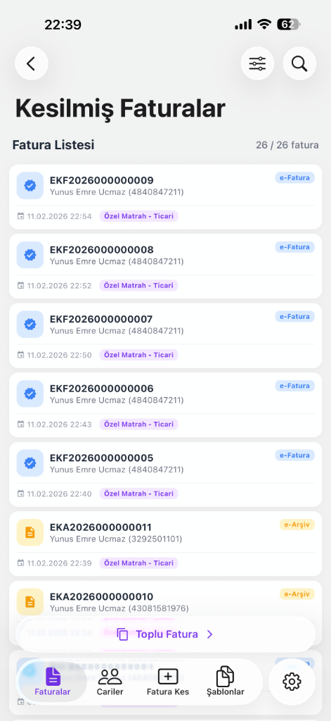 Eksenova Mobil Uygulama Fatura Listesi